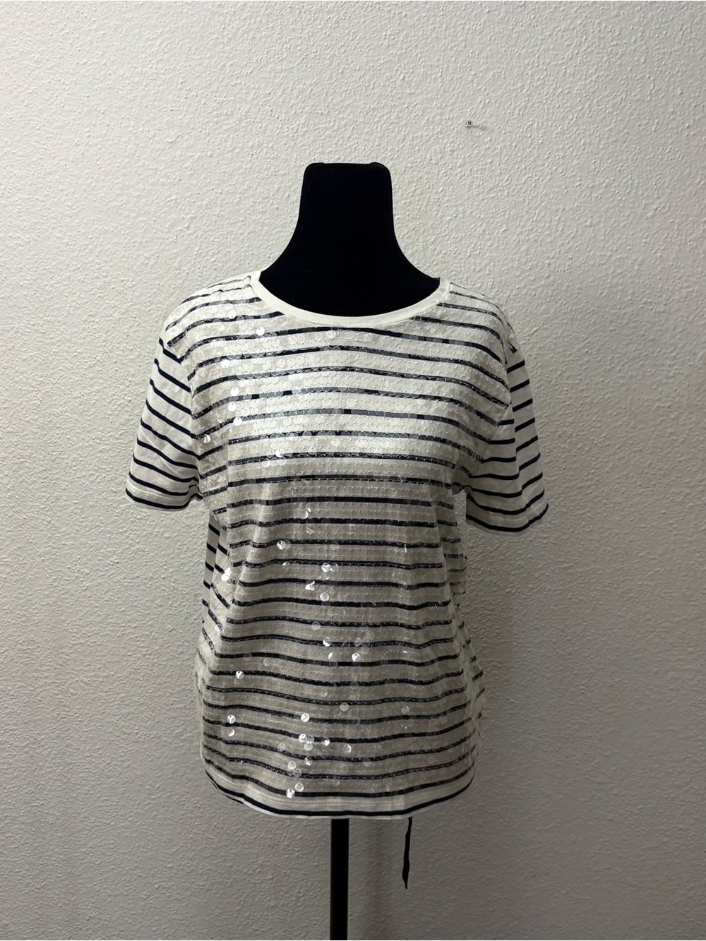 J. Crew White and Black Striped Sequin Short Sleeve Tee